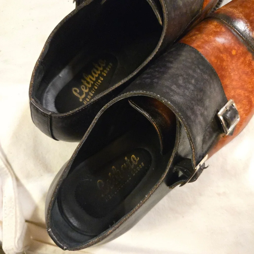 Dress Shoes Lethato Double Monk Strap Size 12 Mens Brown Black Burnished Leather